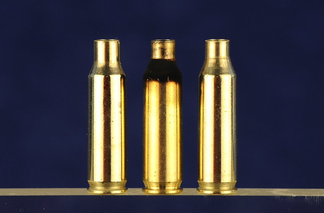Again, for comparisons, this shows the .221 Fireball case and two examples of the VarTarg variation. Stan likes to blacken the neck of a once-fired case, making sure only the neck is sized without the die touching the shoulder.